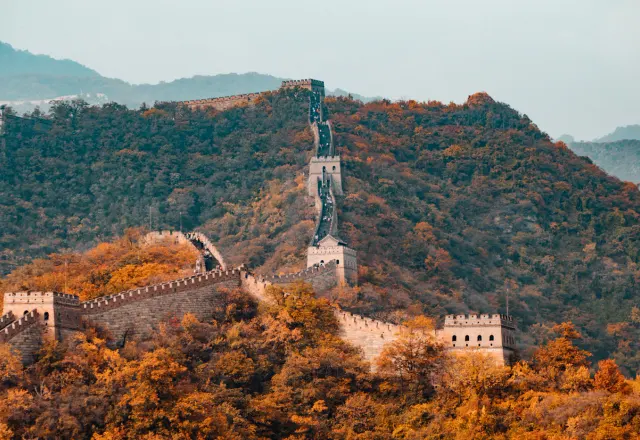 The Great Wall winding across autumn mountain ridges near Beijing