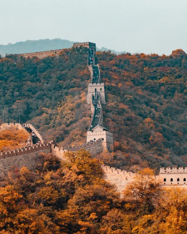 The Great Wall winding across autumn mountain ridges near Beijing