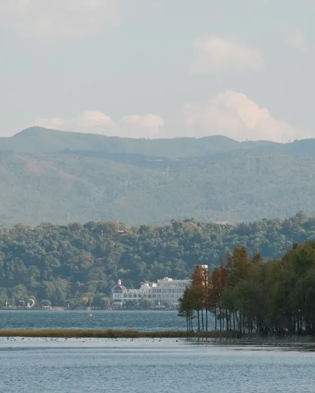 Boats and lakeside trees on Erhai Lake with the mountains beyond, Dali, Yunnan