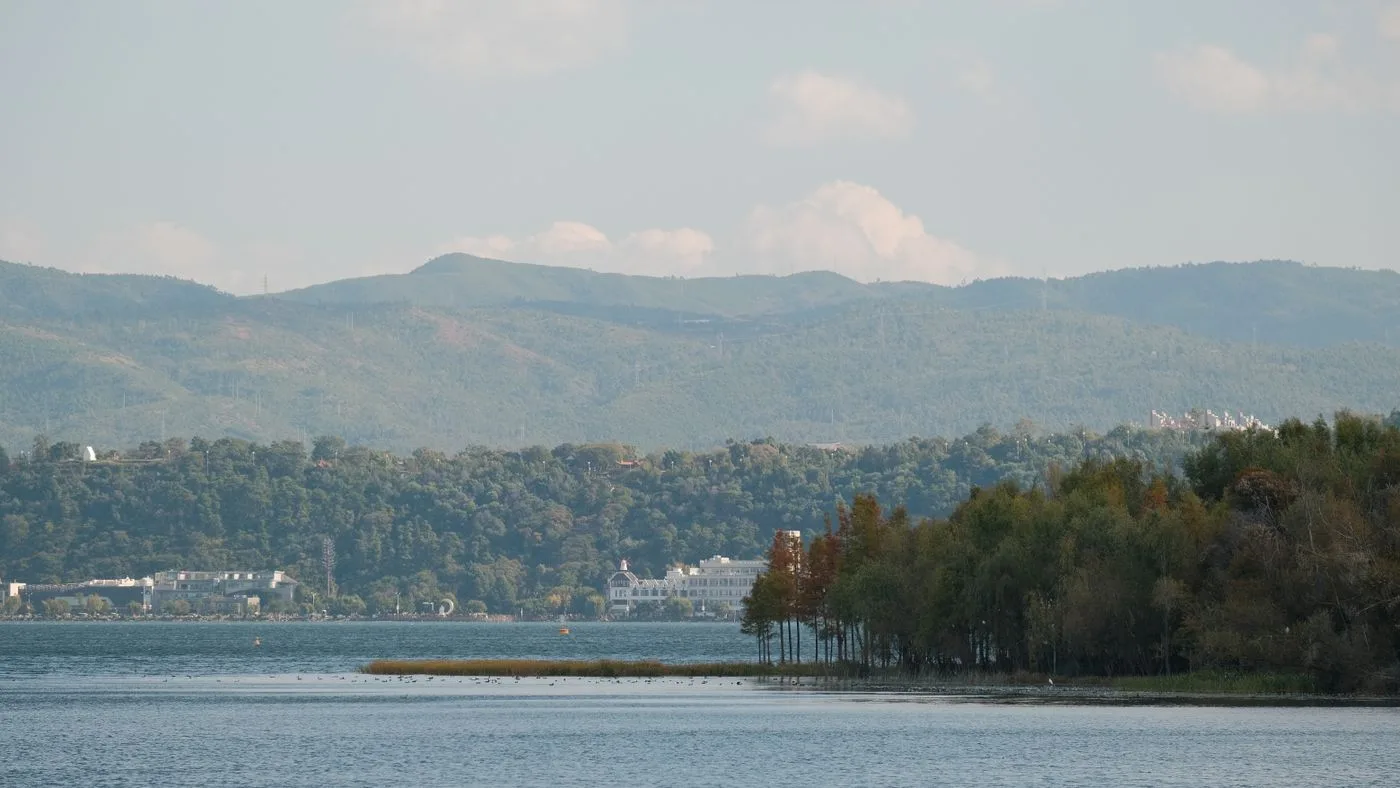 Boats and lakeside trees on Erhai Lake with the mountains beyond, Dali, Yunnan