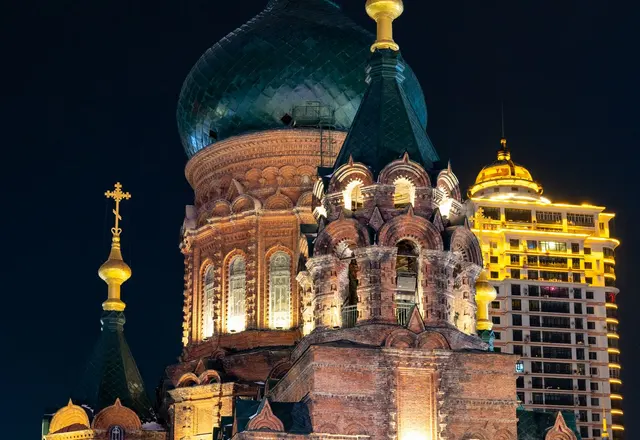 Saint Sophia Cathedral illuminated after dark in Harbin, Heilongjiang