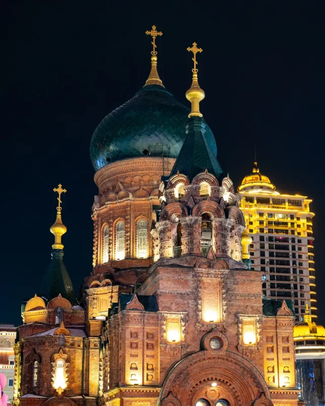 Saint Sophia Cathedral illuminated after dark in Harbin, Heilongjiang