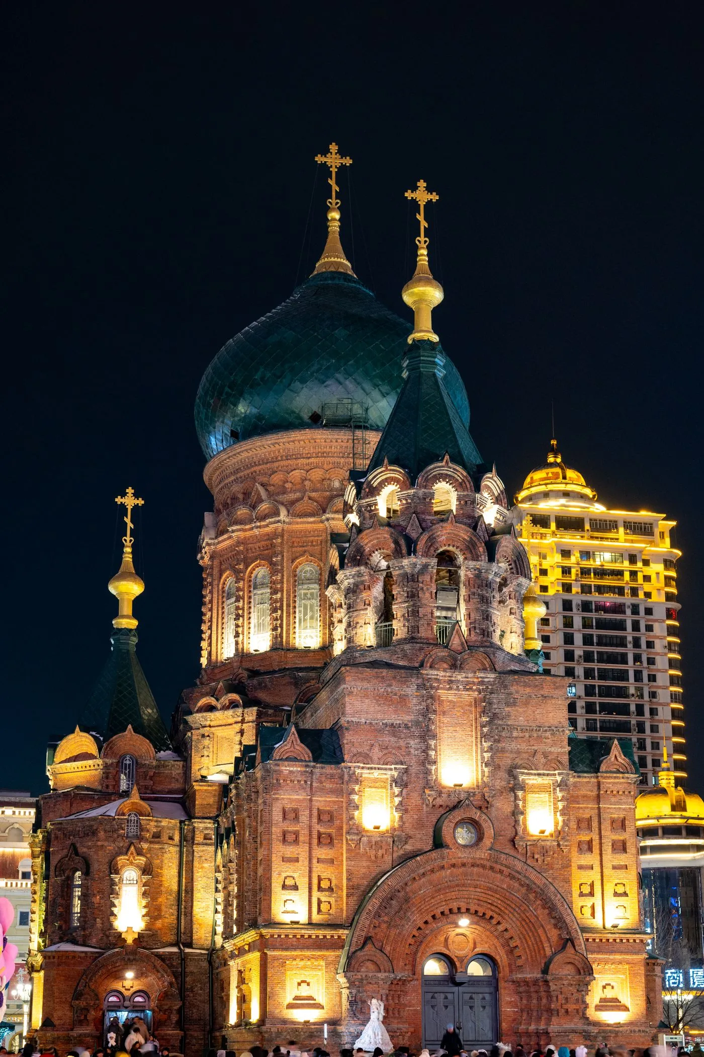 Saint Sophia Cathedral illuminated after dark in Harbin, Heilongjiang