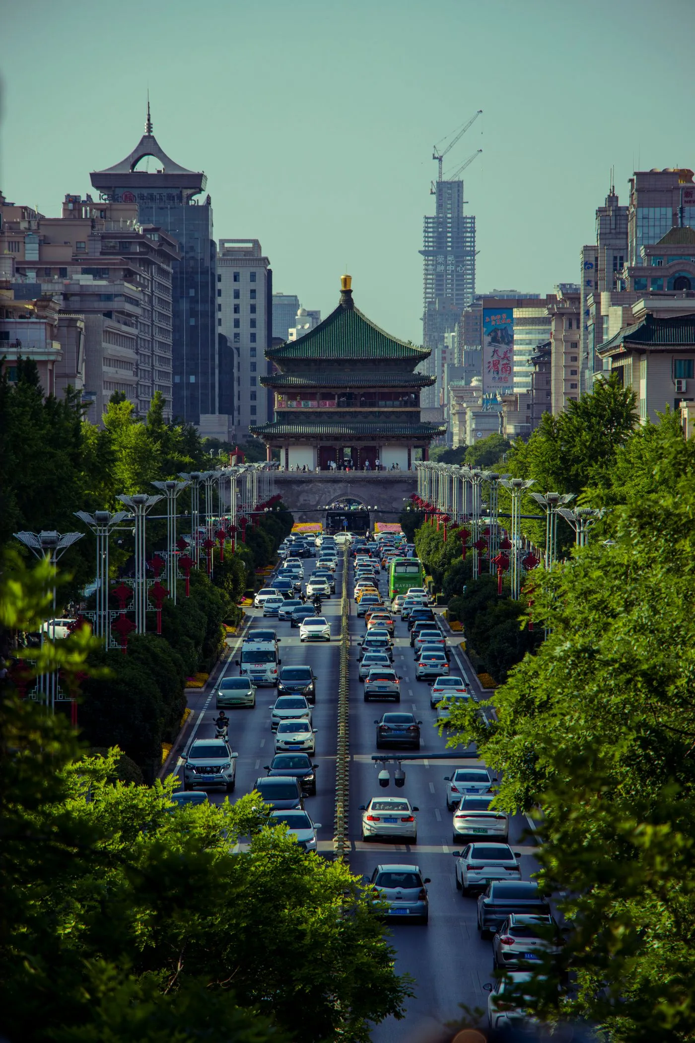 Traffic leading toward the Bell Tower in the centre of Xi’an, Shaanxi