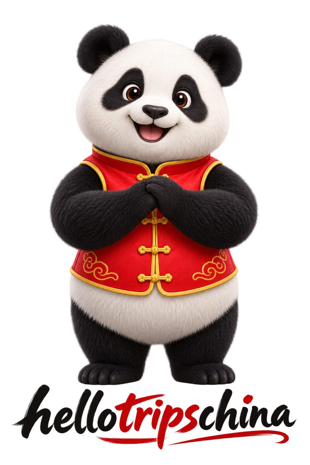 Standing panda greeting you with clasped paws; hellotripschina